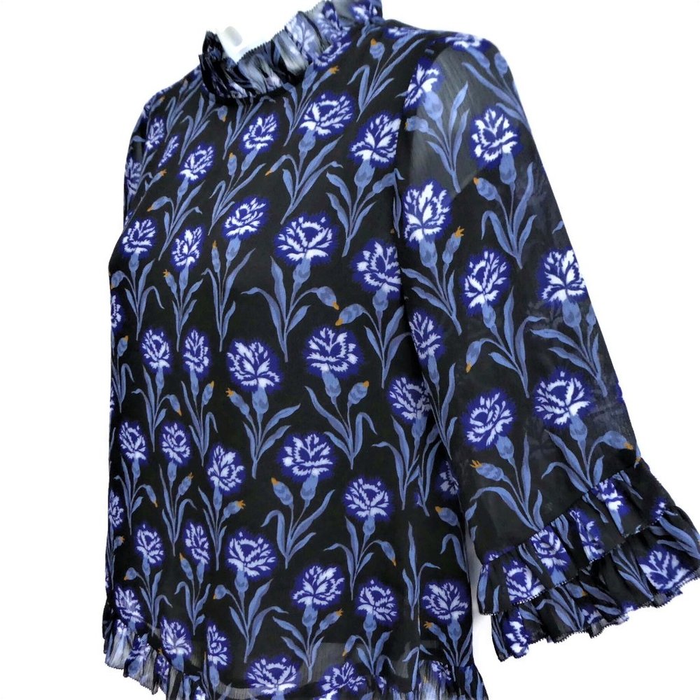 Ann Taylor Blouse Floral Black Purple Floral Ruffle Sleeves Hem Keyhole Back XXS